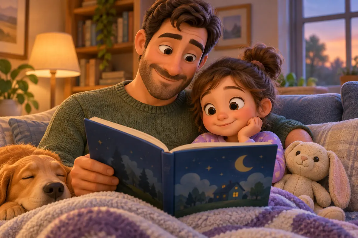 An adult and child read a simple book together.