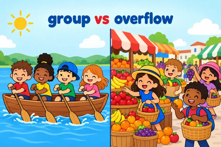 Cartoon split scene contrasts a rowing team in a boat with a crowded market, illustrating team vs teem.
