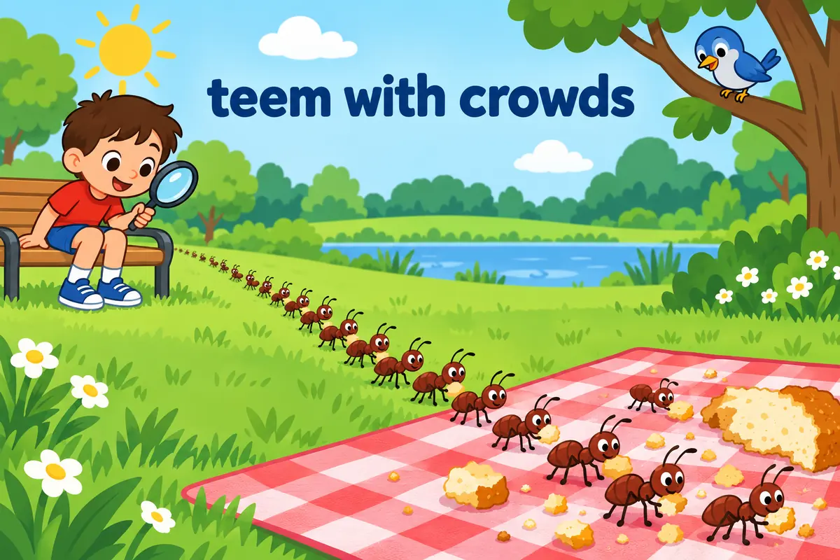 Cartoon ants stream toward a picnic blanket in a park, showing the pattern teem with in a nature scene.