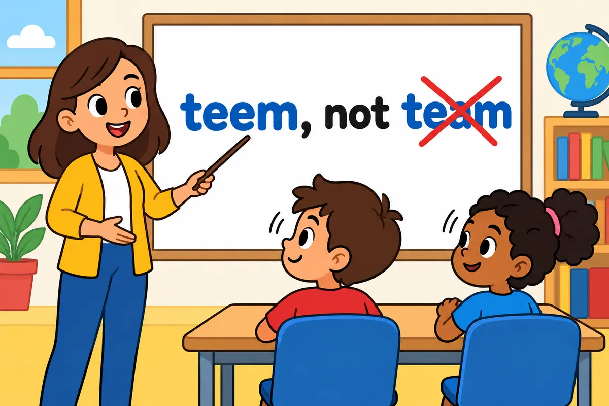 Cartoon teacher points to a correctly spelled teeming with on a board beside a crossed-out teaming with.