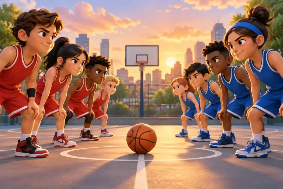 Two teams stand on opposite sides of a basketball court.