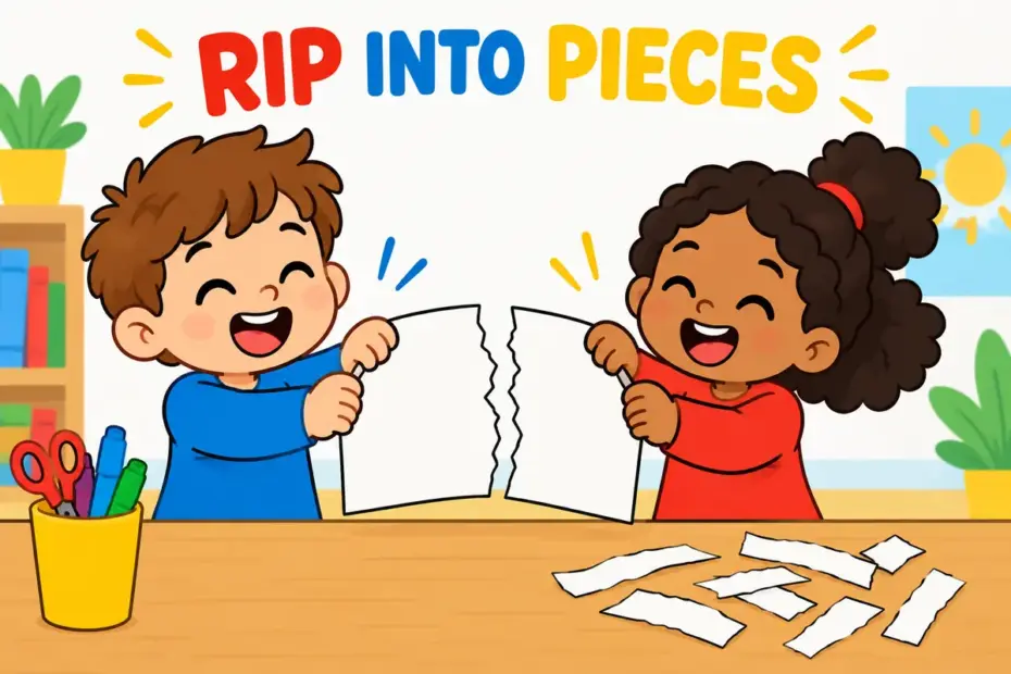 Cartoon hands pull a sheet of paper into two halves, showing tear up in a sentence as ripping something apart.