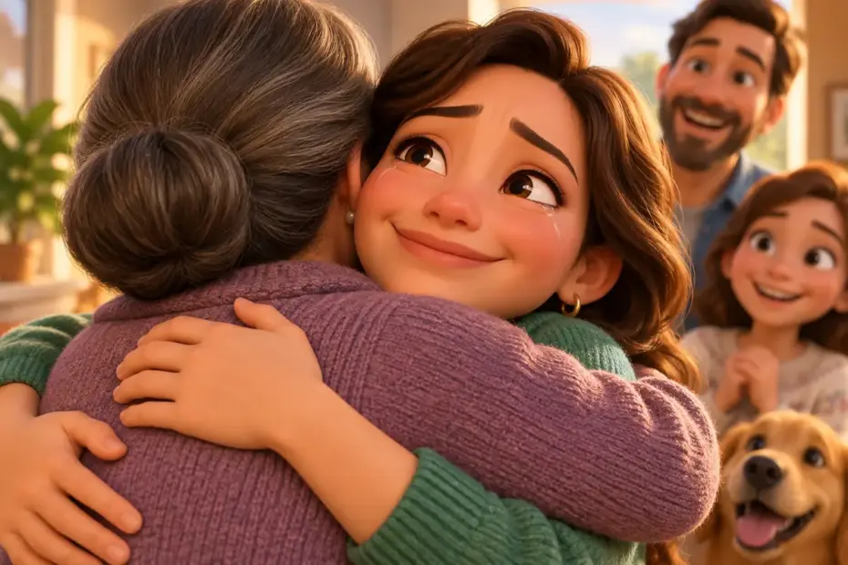 A woman smiles with tears in her eyes during a reunion.