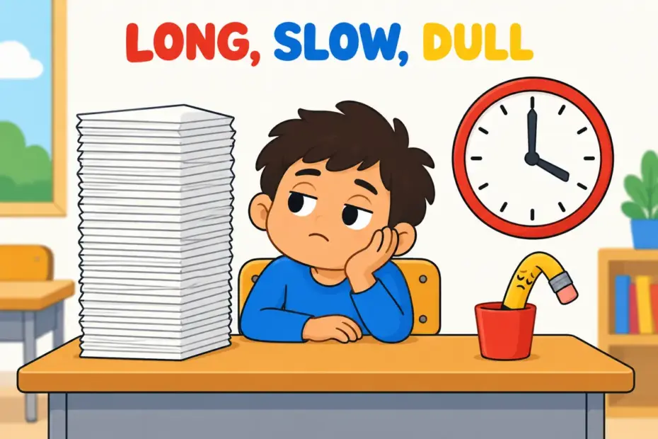 A cartoon child rests their chin beside a long stack of identical forms and a ticking clock, showing tedious in a sentence.