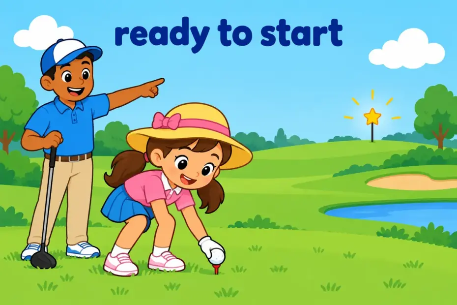 A cartoon child places a golf ball on a tee while a coach watches, showing tee up in a sentence.