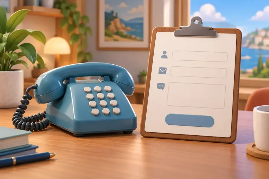 A telephone rests beside a blank contact form.