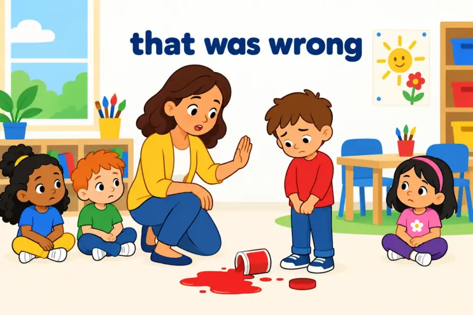 A cartoon adult telling a child off about a spilled paint pot shows tell off in a sentence as a firm reprimand.