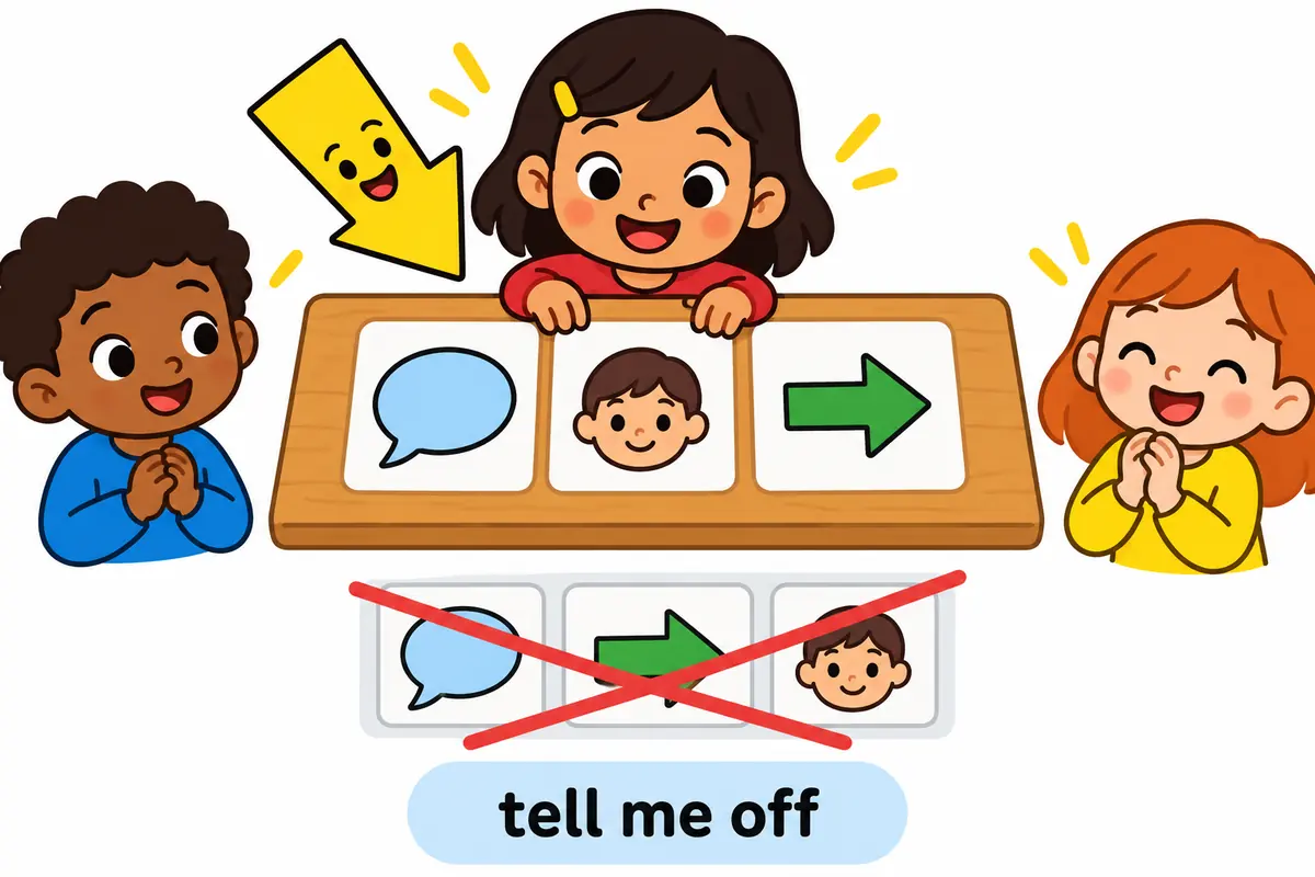 Cartoon cards show a person card slotting between tell and off, with a crossed-out order shown beneath.