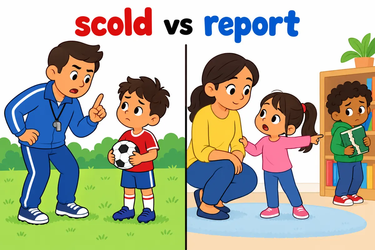 A cartoon split scene contrasts a coach scolding a child with a child reporting a sibling to an adult.