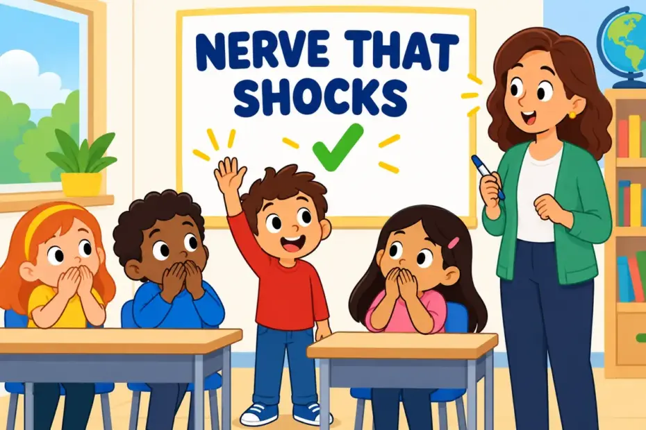 Cartoon pupils gasp as one child raises a hand to challenge the teacher, showing temerity in a sentence as nerve that shocks.