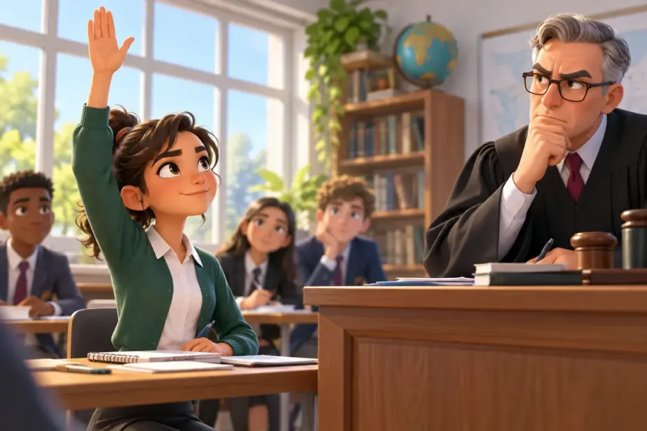 A student raises a hand to question a stern debate judge in a bright classroom.