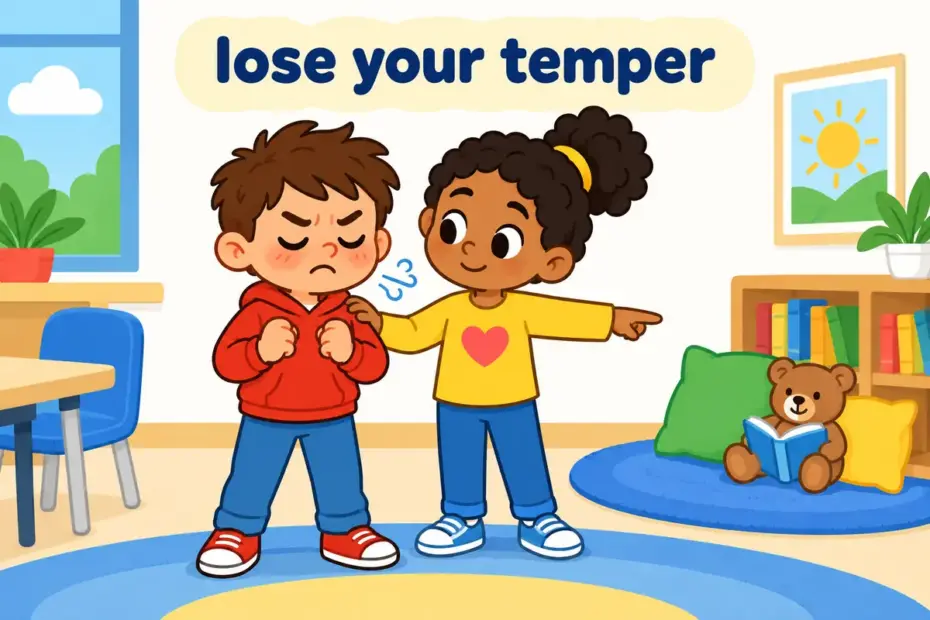 A cartoon child breathes deeply beside a friend to stay calm, illustrating temper in a sentence as an angry mood brought under control.