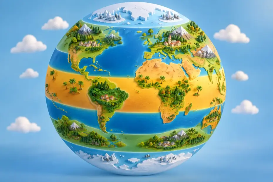 A globe shows temperate belts between tropical and polar regions.