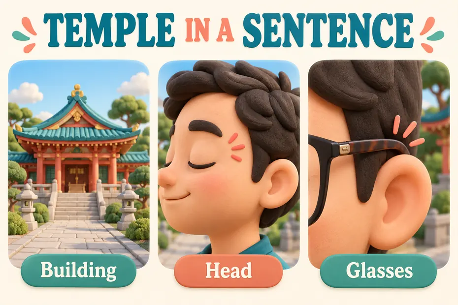 Temple in a sentence: building, head, and glasses meanings.