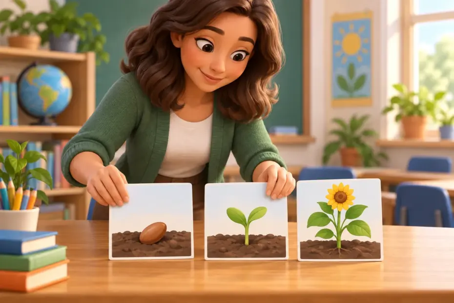 A teacher arranges plant-growth images in chronological order.