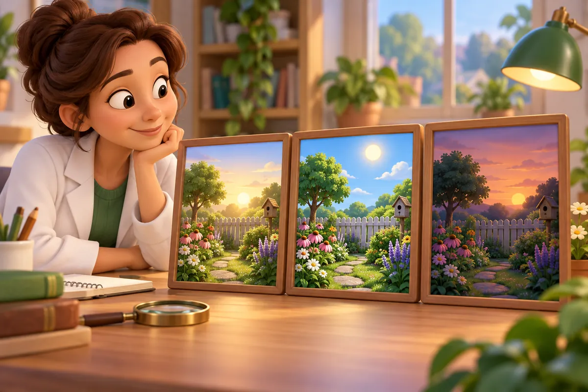 A researcher compares a garden at different times of day.