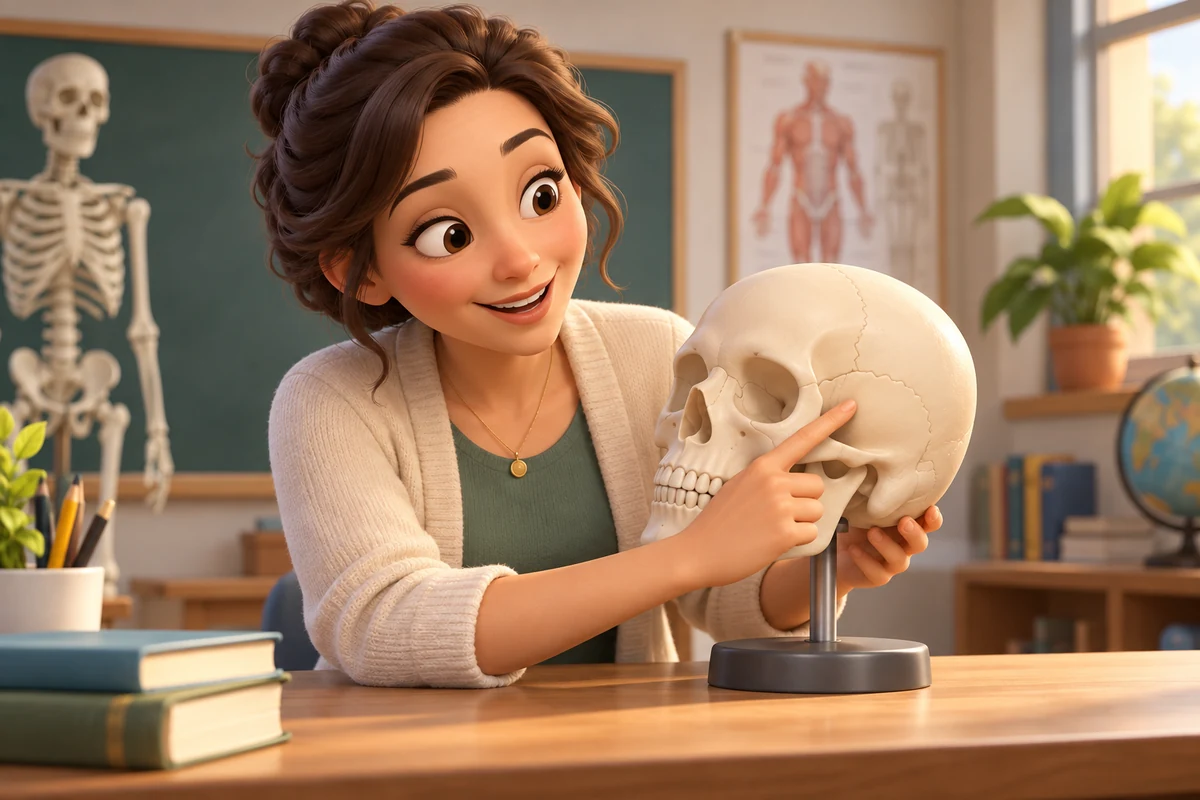 A teacher indicates the temple region on a classroom skull model.