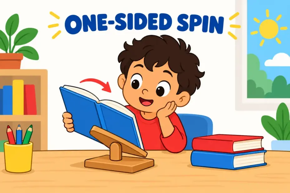 Cartoon reader holds a tilted book with an arrow to one side, showing tendentious in a sentence as a one-sided account.