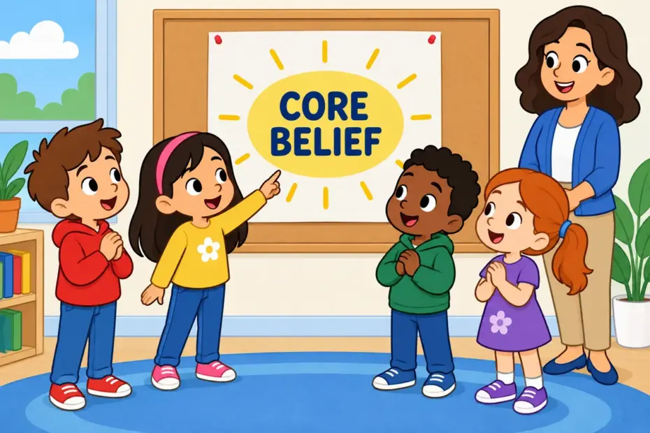 Cartoon children stand around a shared chart of beliefs, illustrating tenet in a sentence as a core idea a group holds true.