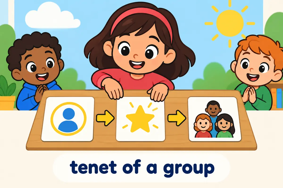 Cartoon cards combine a possessive, the word tenet and a group label to model the phrase tenet of a group.