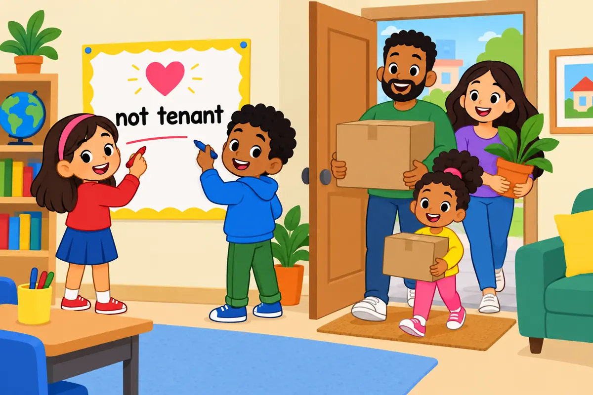 A cartoon single scene contrasts children writing a belief on a chart with a family carrying boxes into a rented flat.