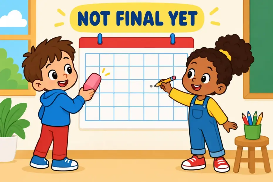 Cartoon children pencil a date lightly on a wall calendar, showing tentative in a sentence as a plan that is not final.