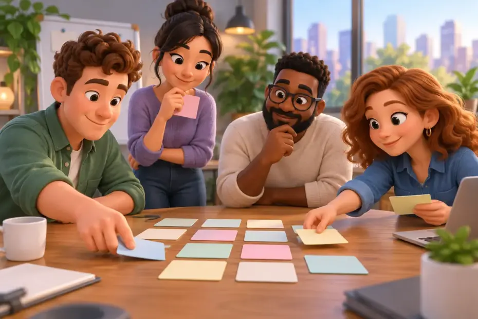 Colleagues arrange movable blank cards to plan a meeting before confirming it.