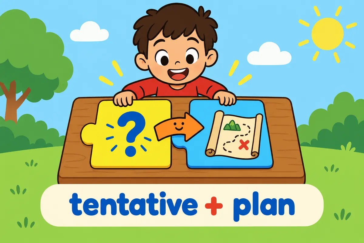 A cartoon boy joins a question-mark card with a map illustration beneath the label tentative + plan, showing the adjective before its noun.