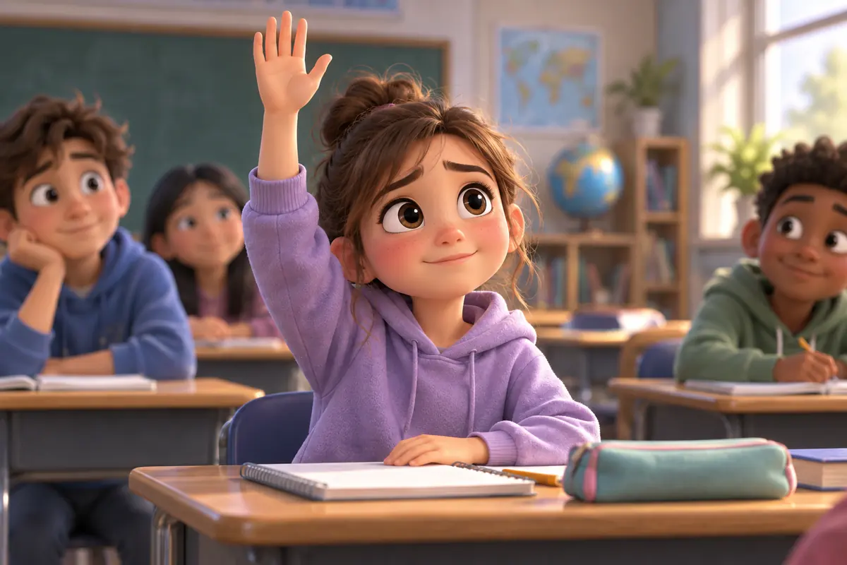 A student hesitantly raises a hand to offer a possible answer.