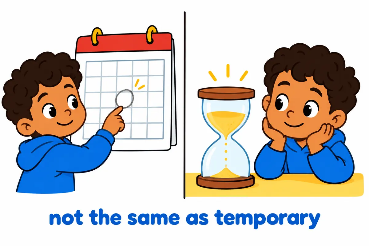 A faintly circled calendar day beside a full hourglass contrasts tentative scheduling with a temporary arrangement.