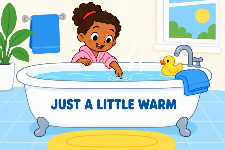 A child tests gently warm bathwater with one finger, showing tepid in a sentence.