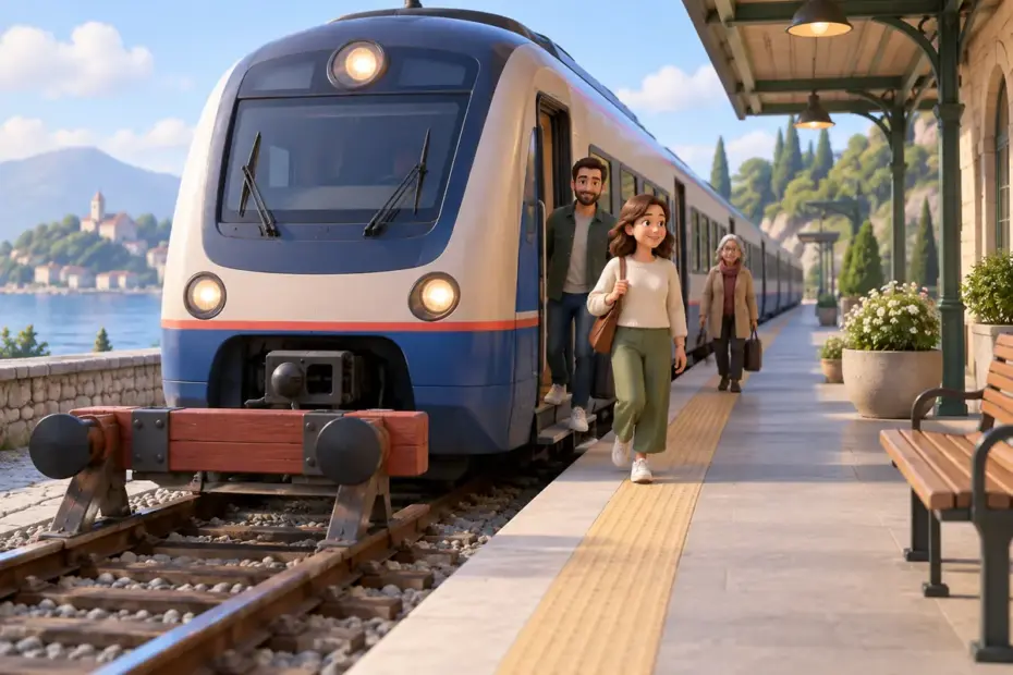 A train arrives at the end of its route beside a quiet platform.