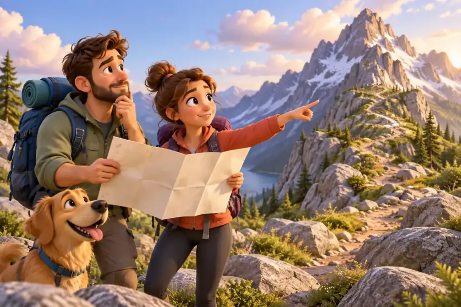 Hikers study a rocky mountain path with a blank map.