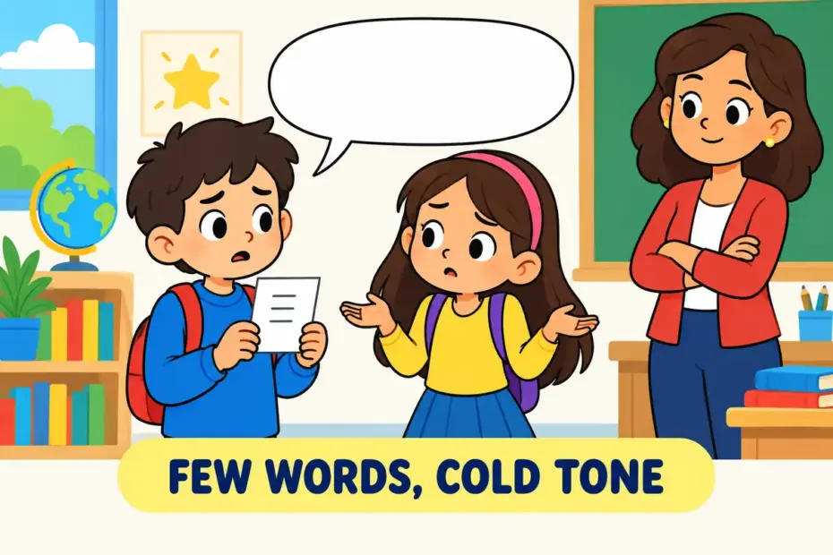 A cartoon child reads a very short terse note and looks unsure, showing terse in a sentence as brief, chilly wording.