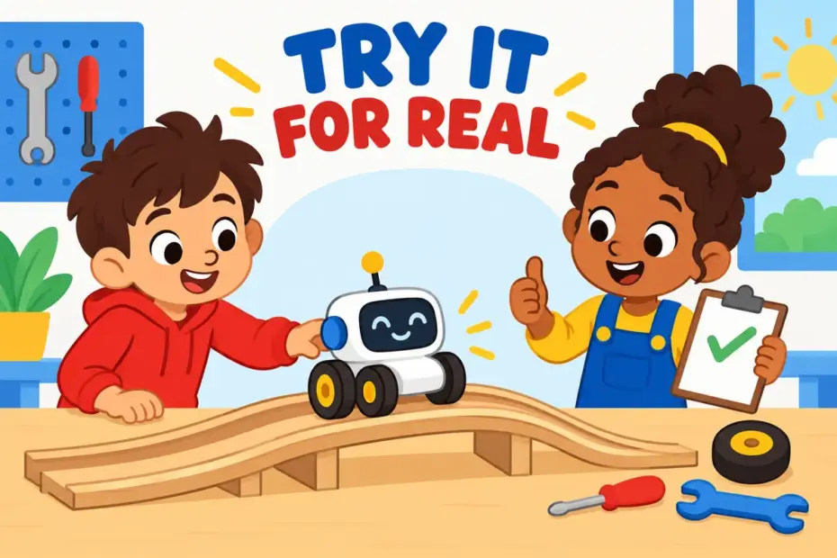 Cartoon children test a small robot on a workbench, showing test out in a sentence as a practical trial in real conditions.