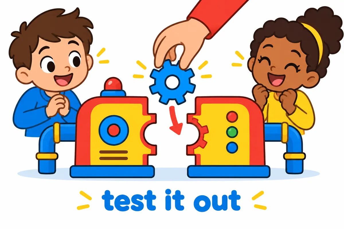 A cartoon child presses buttons on a small robot on a workbench while a clipboard waits beside it.