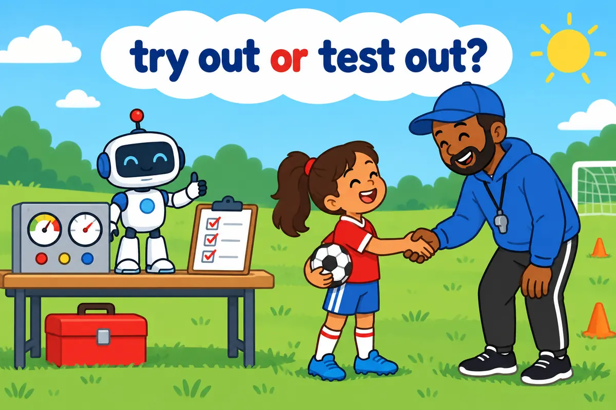 A single cartoon scene brings together a robot on a test bench nearby and a child joining a sports team nearby.