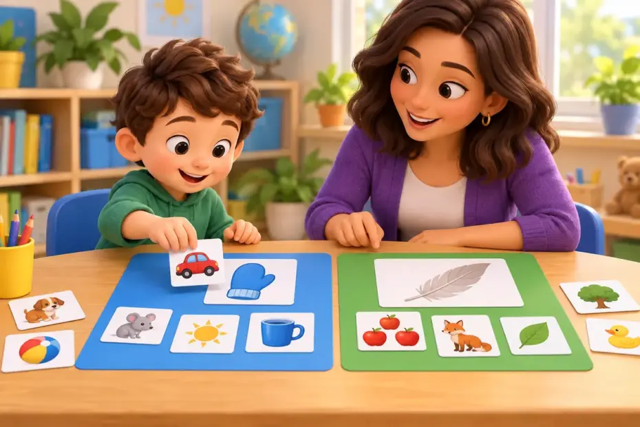 A child and teacher sort picture cards into two groups while practicing the TH sounds.