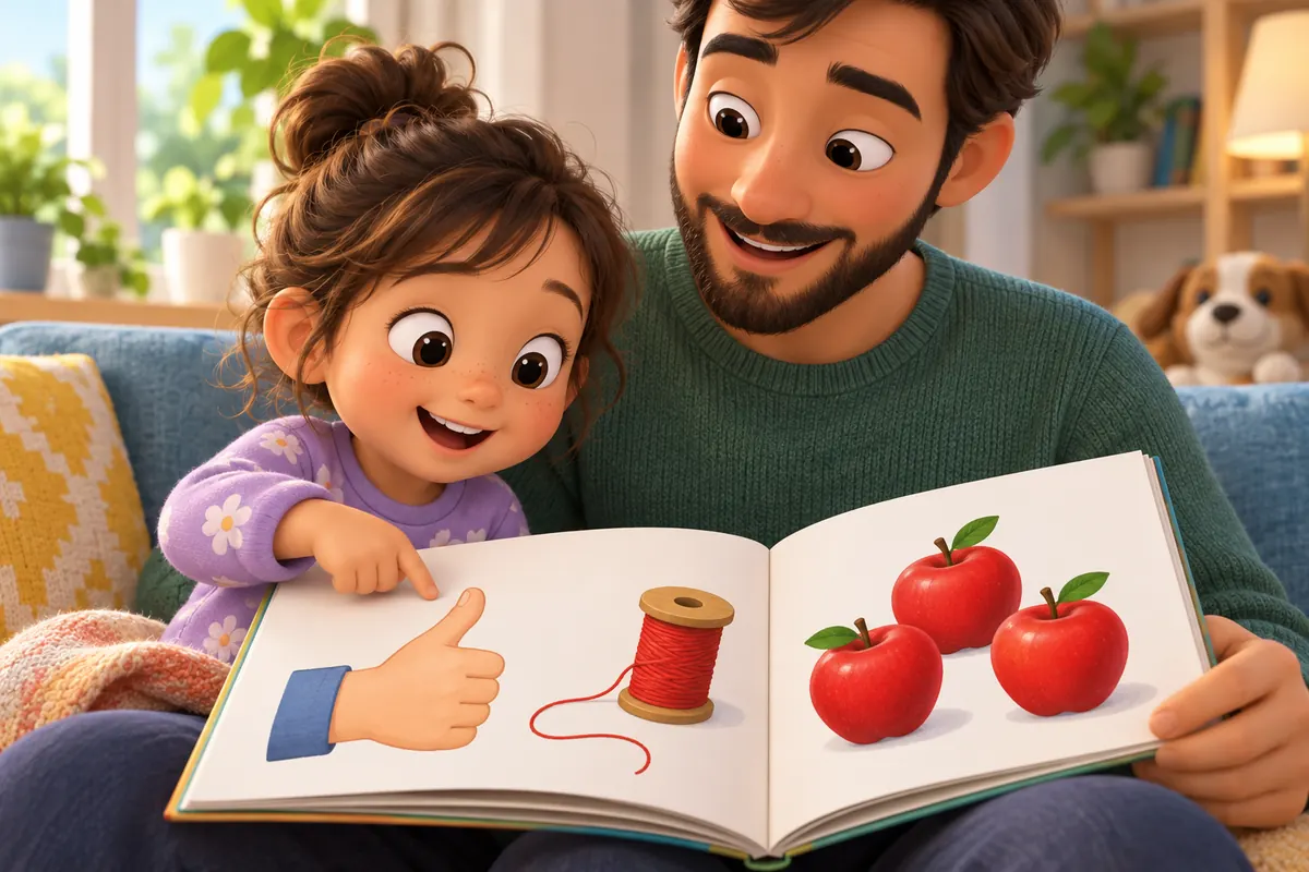 A child points to illustrated words such as a thumb, a thread, and three apples during reading practice.