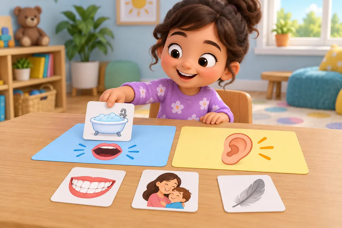 A learner matches TH word cards to pictures of a bath, teeth, a mother, and a feather.