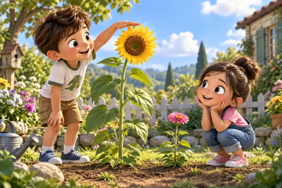Two children compare a tall sunflower with a shorter flower in a bright garden.