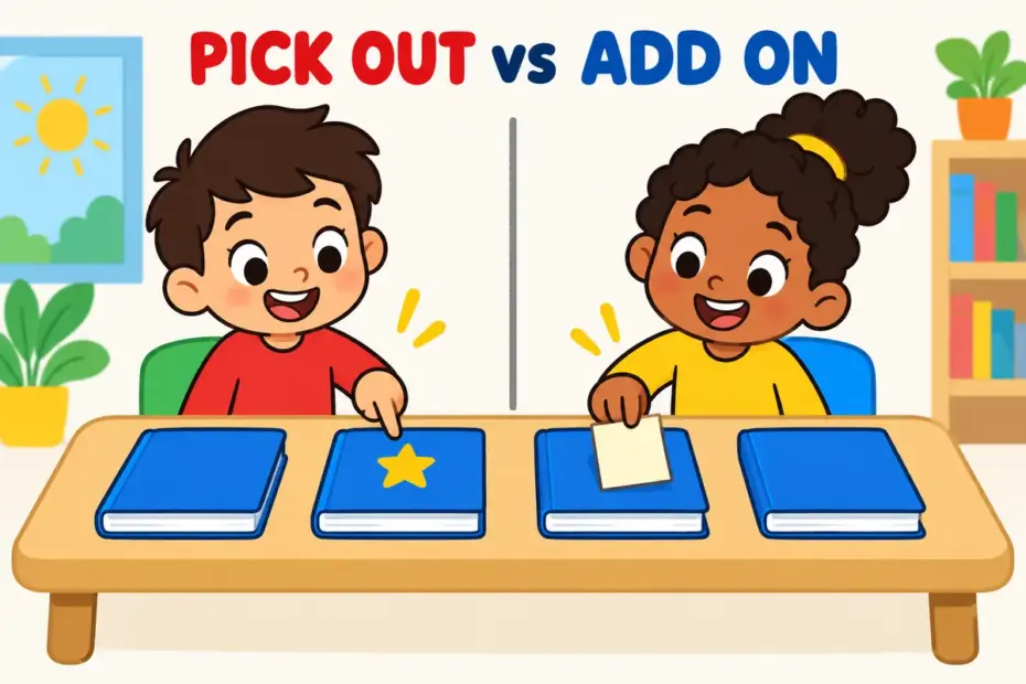 Two cartoon children sort books, one pointing at a single matching book and one adding a note to a known book, showing that vs which.