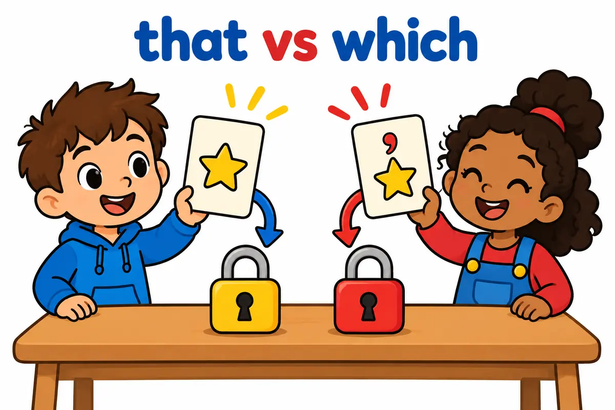 Two cartoon children point at two keys on a table, one tagged that to pick a single key and one tagged which with a comma.