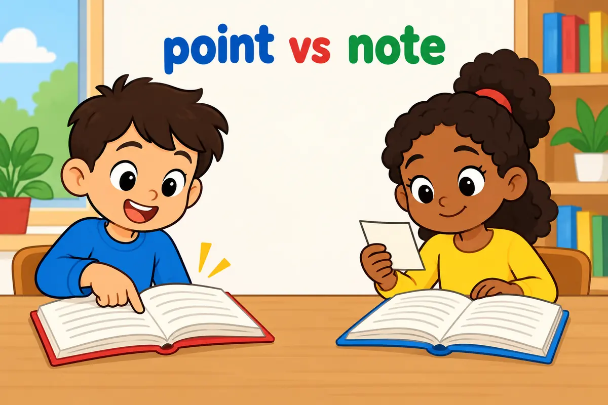 A single unified cartoon scene contrasts one child pointing at a single marked book with another child reading an extra note beside a book.
