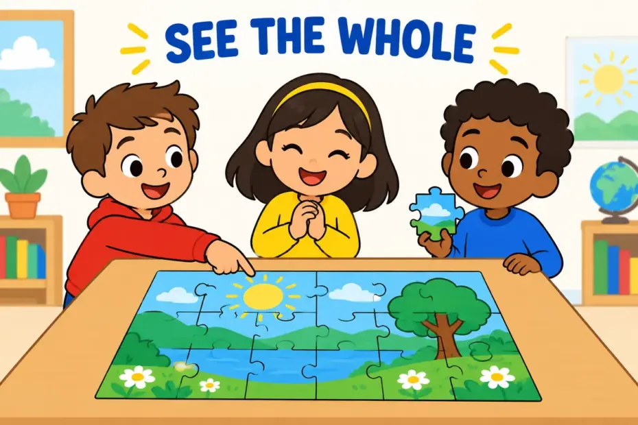 Cartoon children step back to view a whole jigsaw puzzle, showing the big picture in a sentence as seeing the whole situation.
