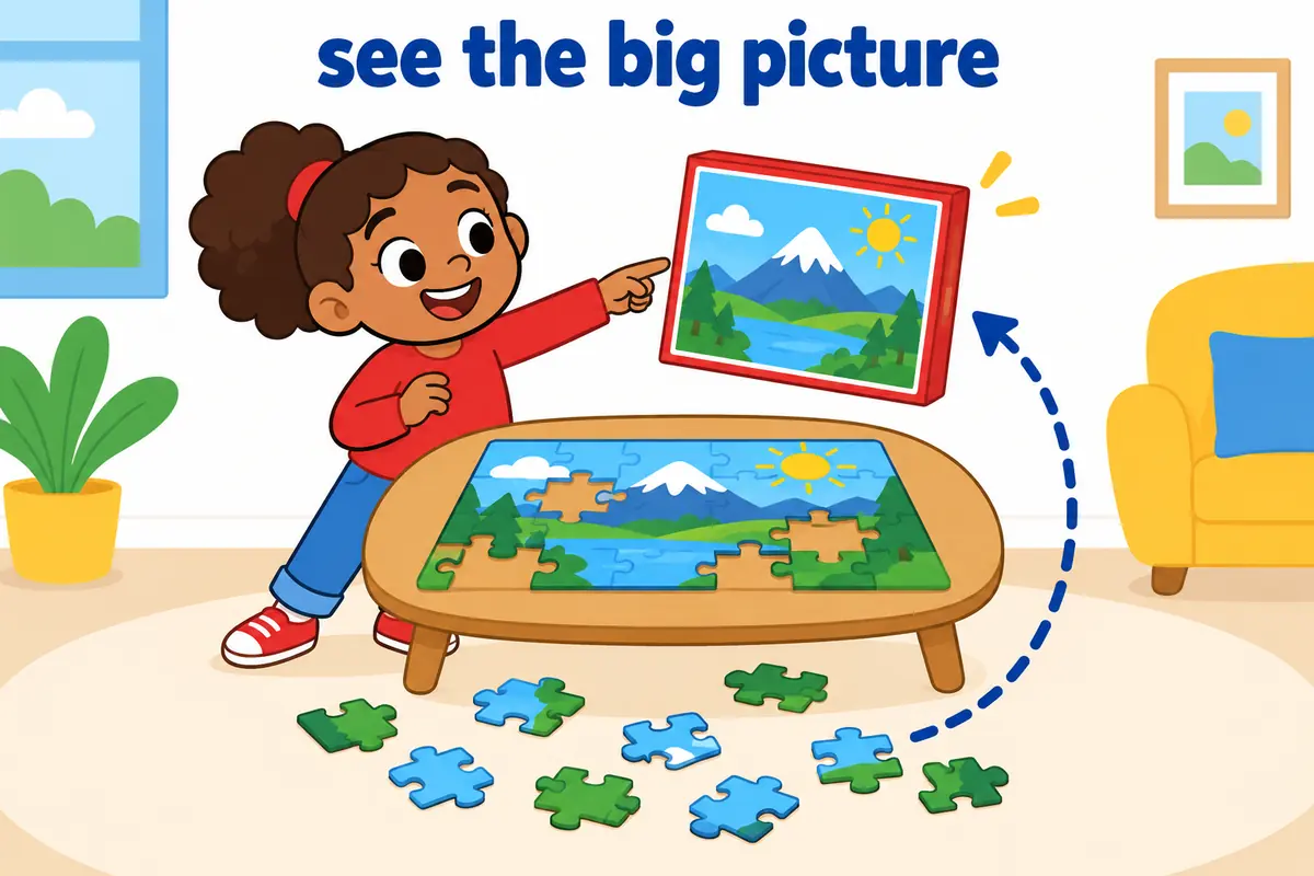 A cartoon girl steps back from a jigsaw puzzle and points to the whole finished picture.