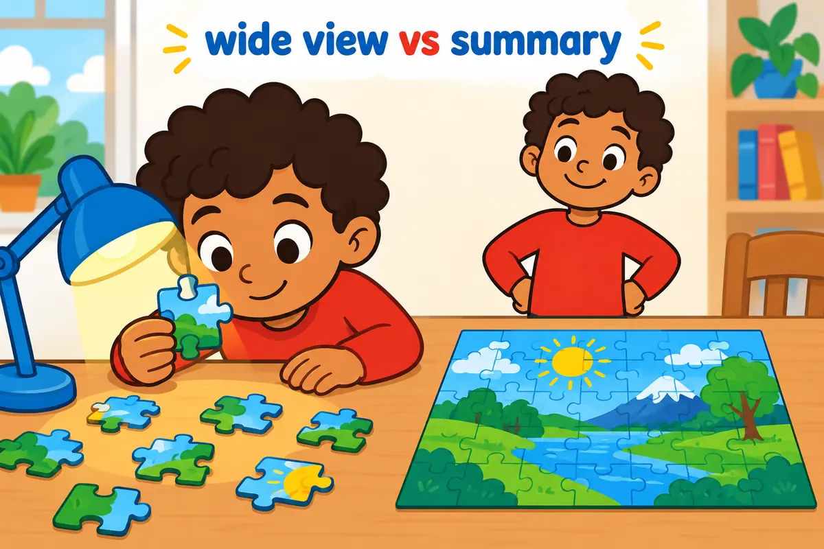A single cartoon scene contrasts a child studying one puzzle piece with a child taking in the whole finished picture.