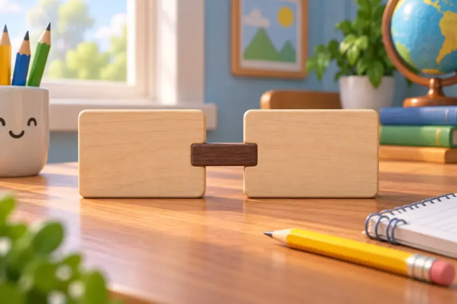 A short wooden line visibly connects two blank word tiles.