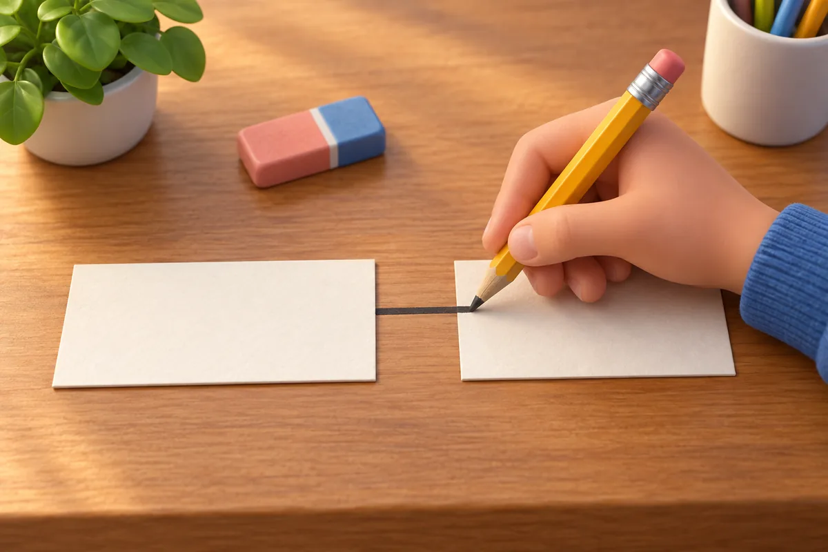 A pencil draws a short line connecting two blank paper tiles.