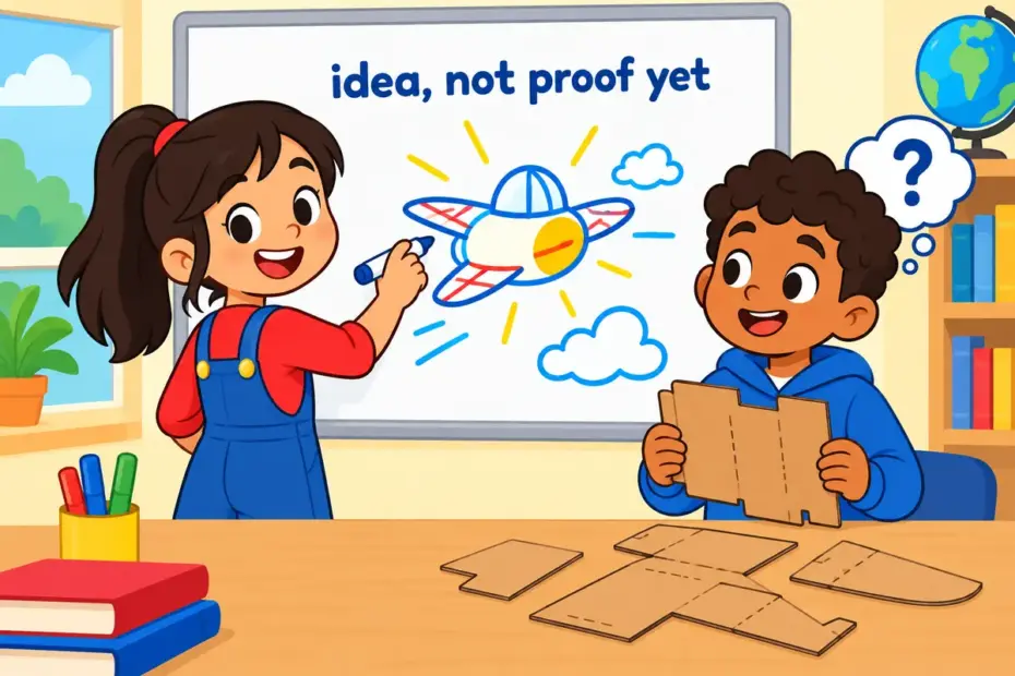 Cartoon scientist sketches a diagram on a whiteboard beside an unbuilt model, showing theoretical in a sentence as an untested idea.